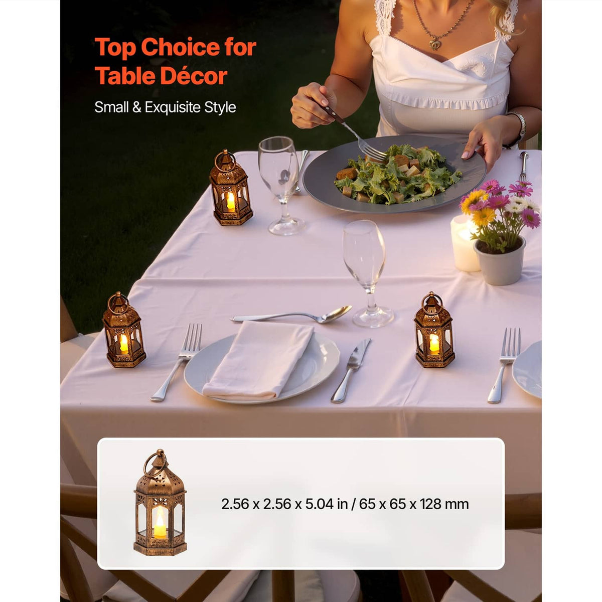 Bronze LED flameless candle lanterns on a table with glowing candles