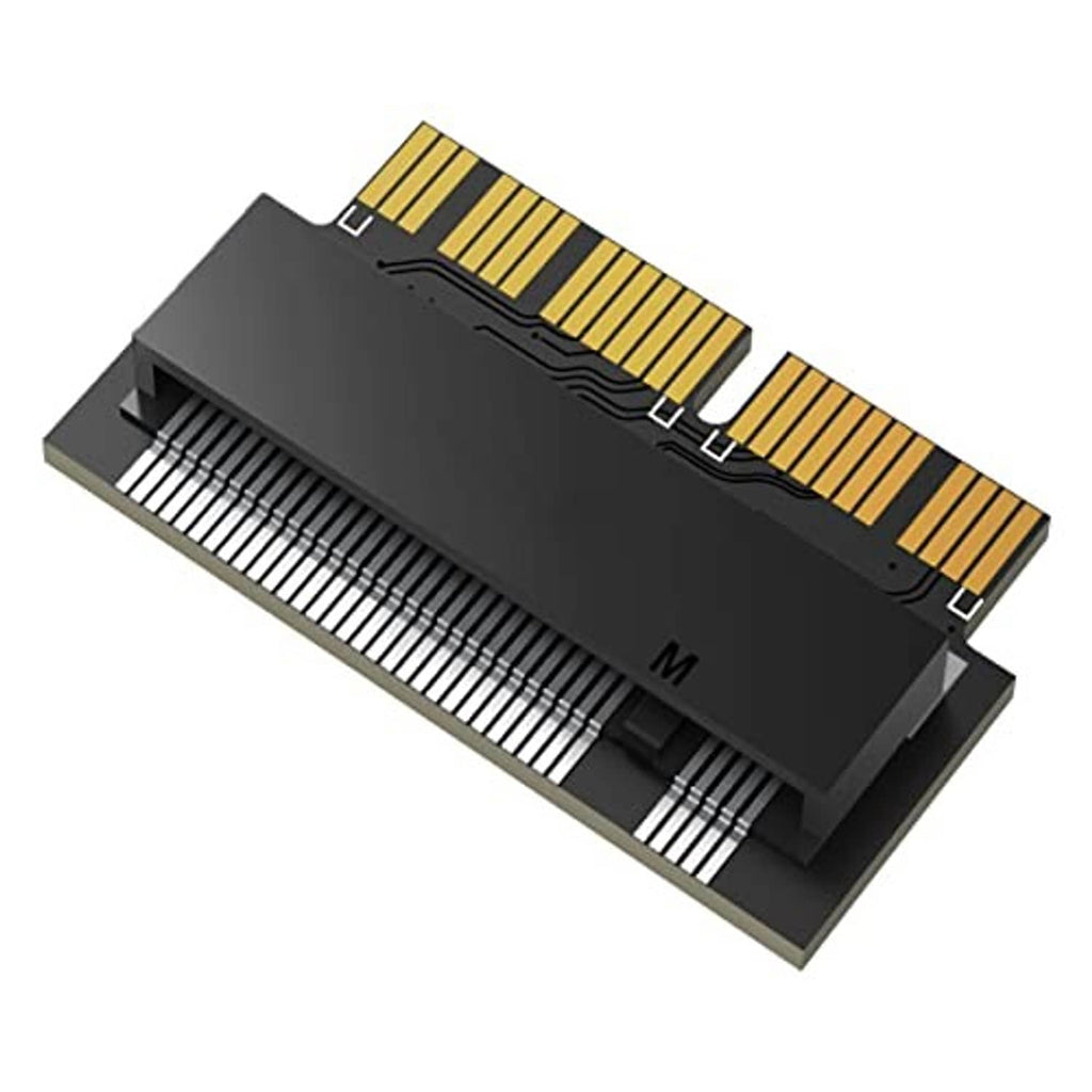 Angled view of black M.2 adapter card with gold edge pin contacts