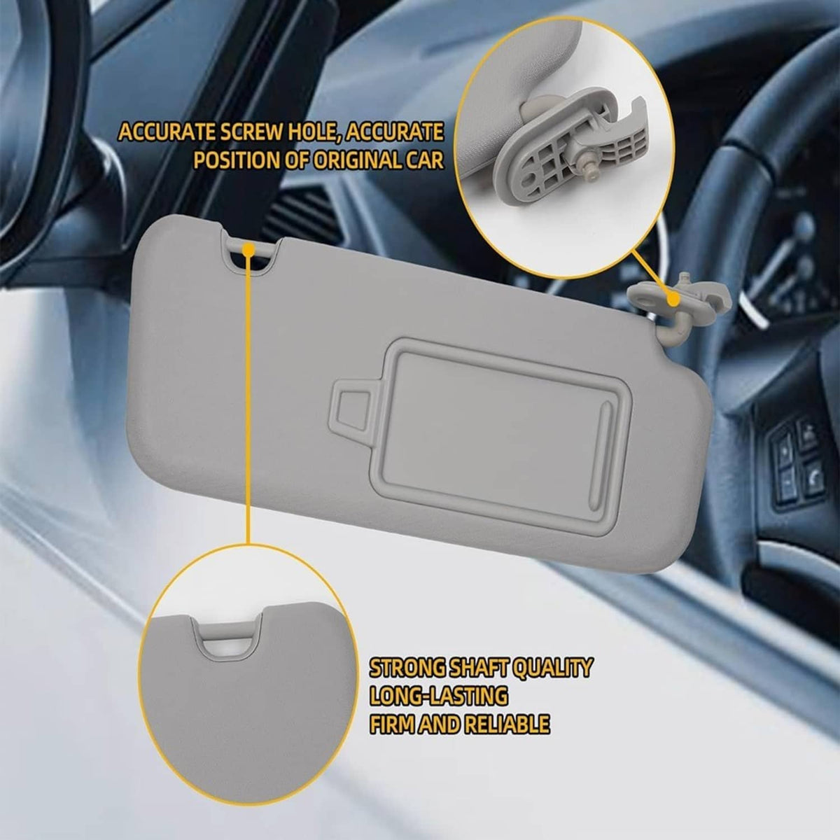 Gray sun visor with mirror window and screw hole mount detail