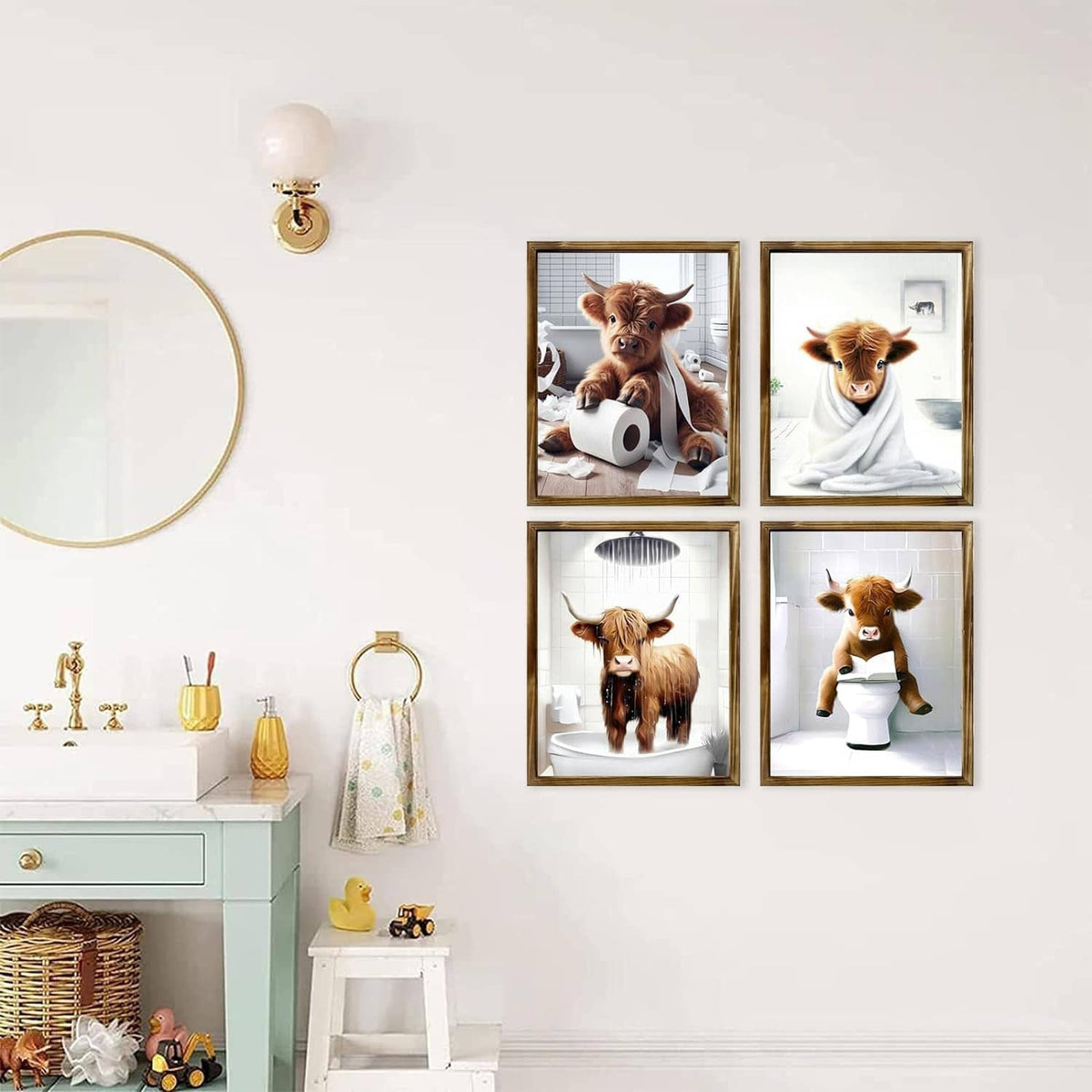 Wall set of four small framed Highland cow bathroom prints, including toilet scene