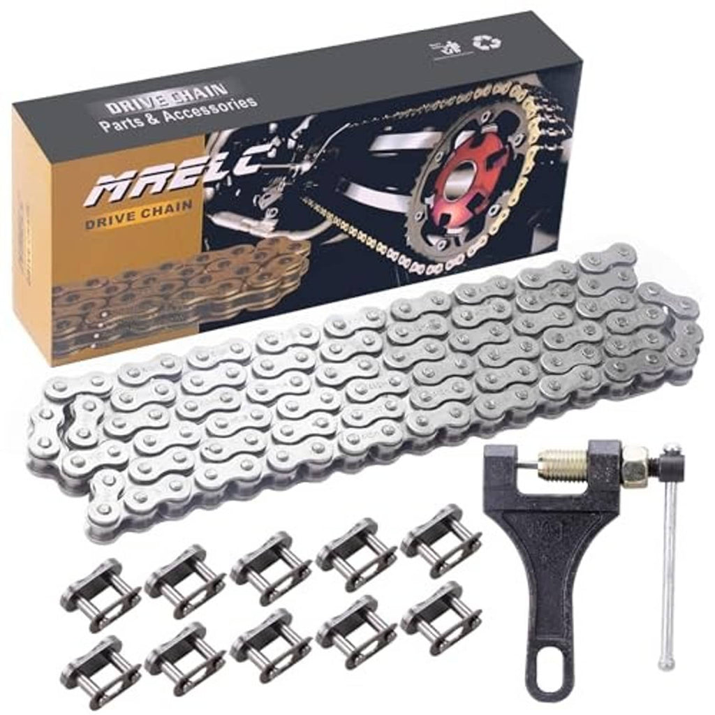 Silver drive chain with chain breaker wrench and connector links, shown with box