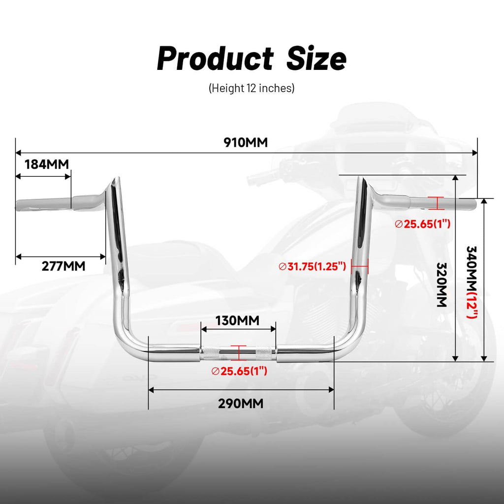 12-inch ape handlebar size diagram with height and width measurements