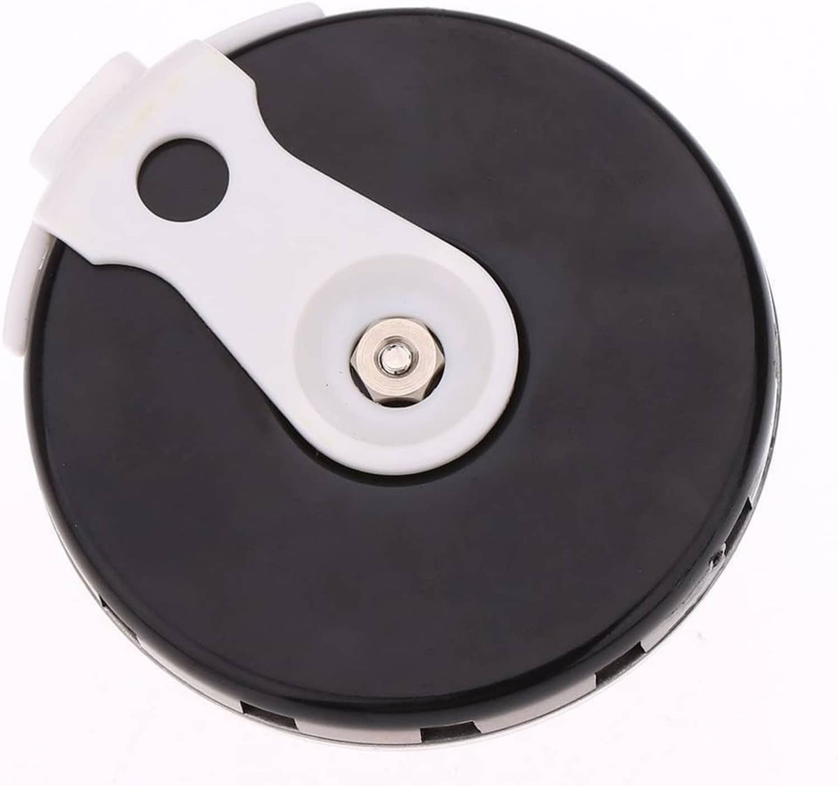 Black pitch pipe tuner with white mouthpiece tab and visible center screw