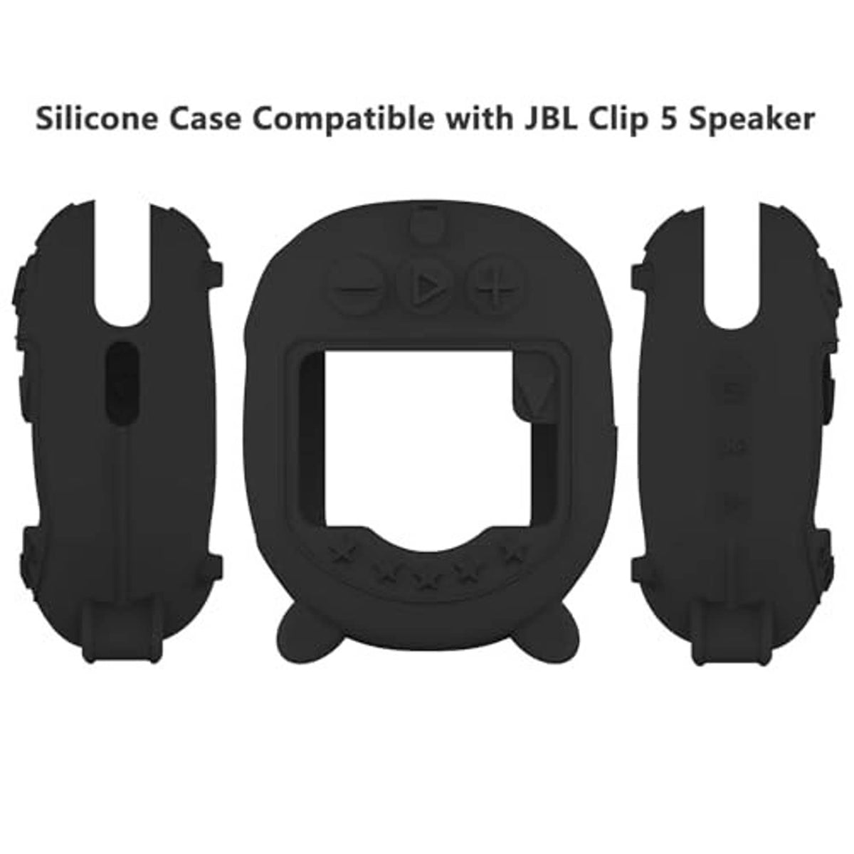Black silicone protective case for JBL Clip 5 speaker, front cutout design