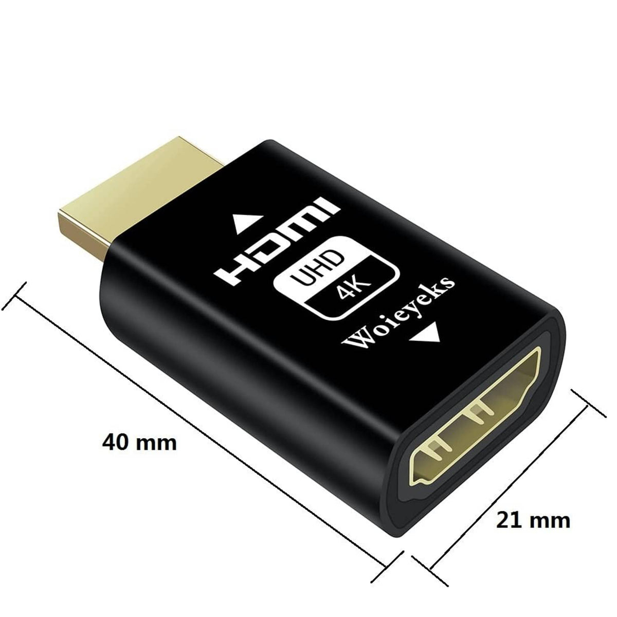 Black HDMI EDID emulator adapter size diagram, 40 mm by 21 mm