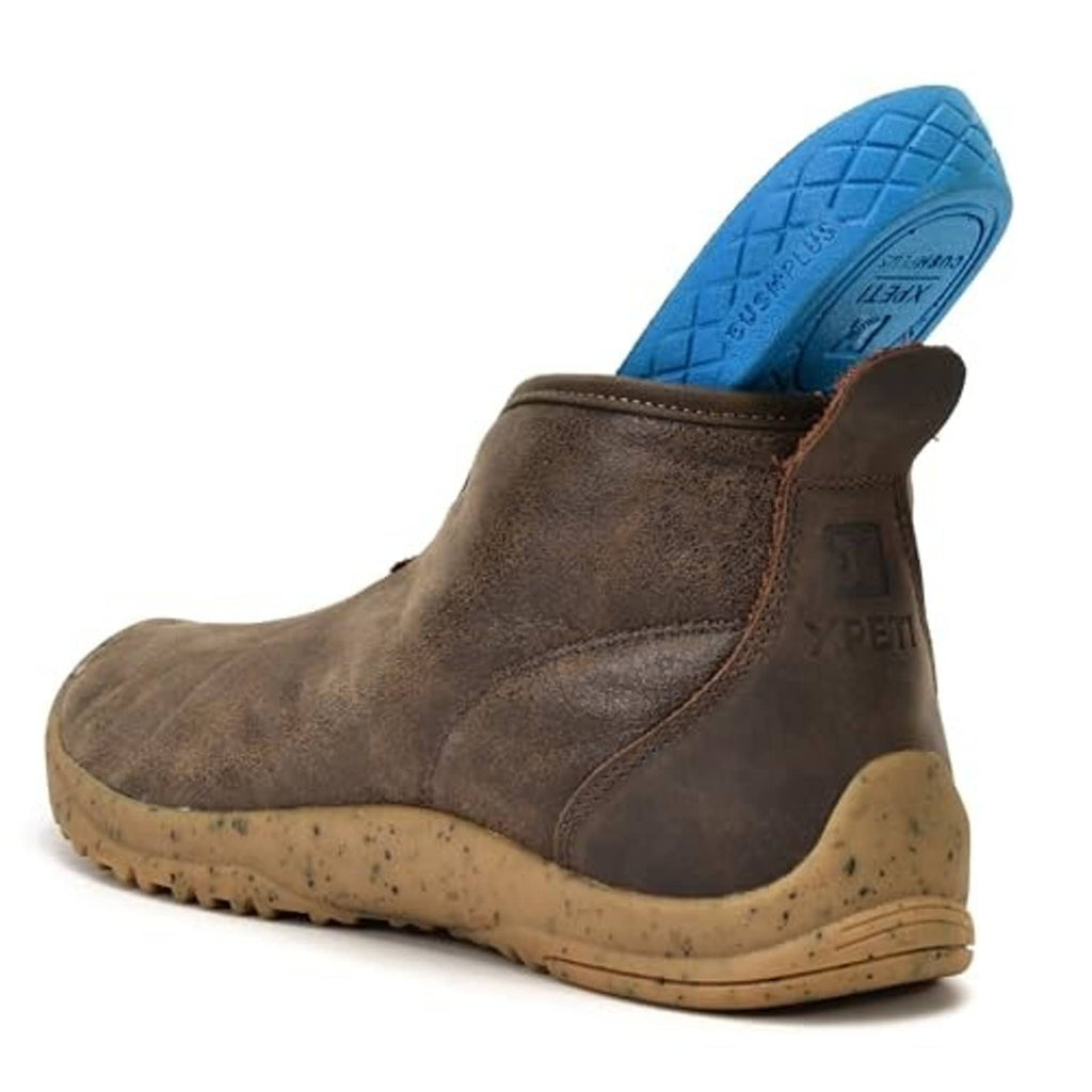 Chestnut suede winter moc boot with blue underside and speckled rubber outsole