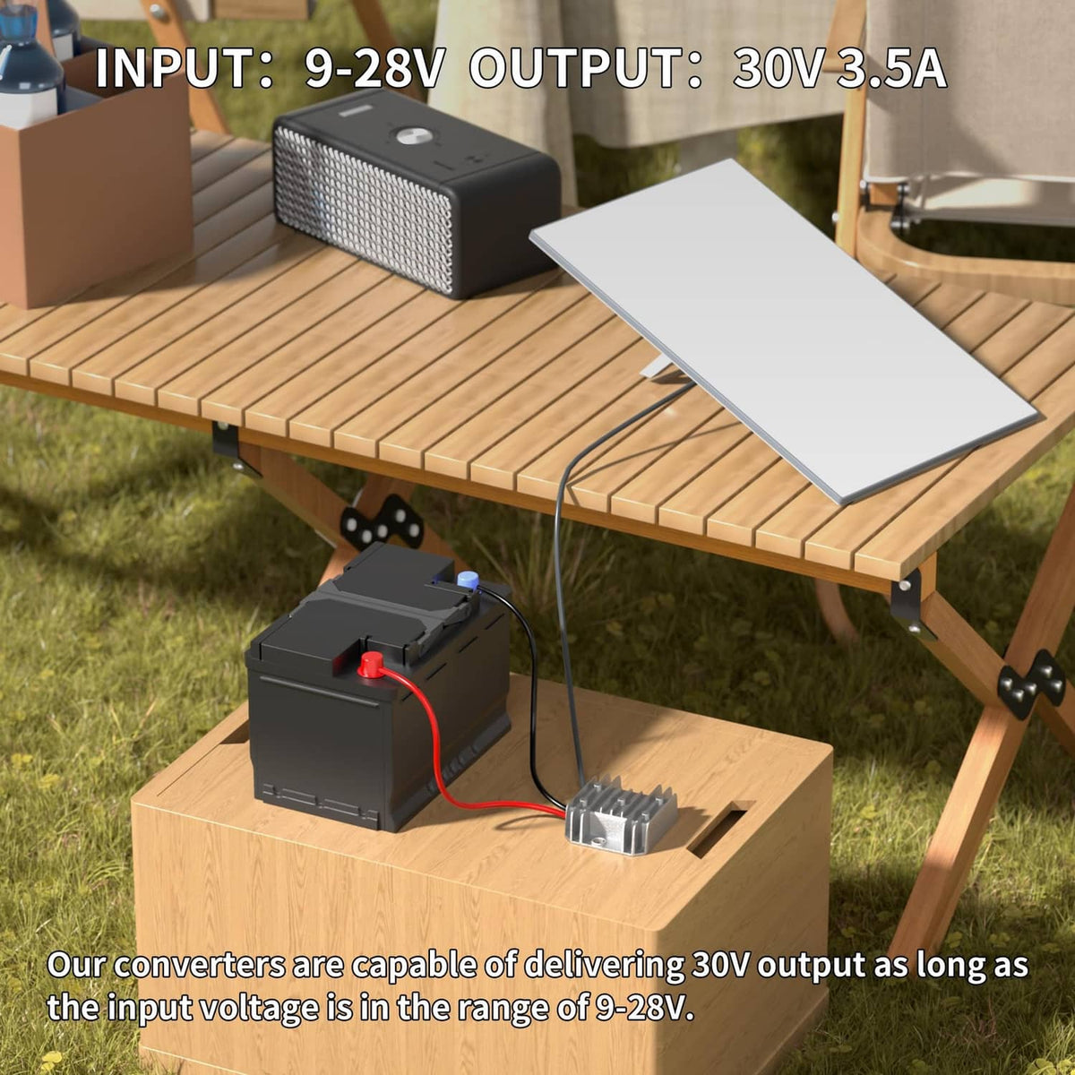 Compact black 12V to 30V step-up converter with red/black leads and DC output cable