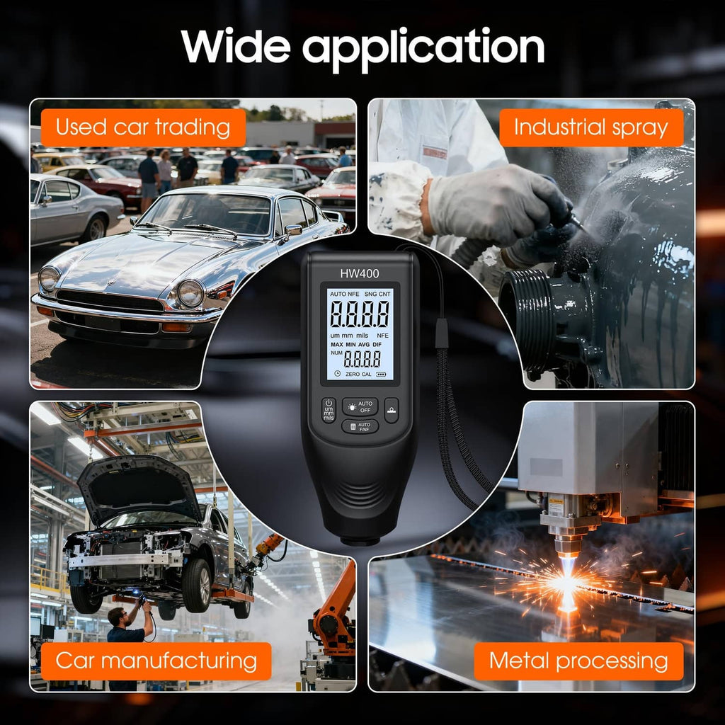 Digital coating thickness gauge shown for car use, industrial spray, and metal work.