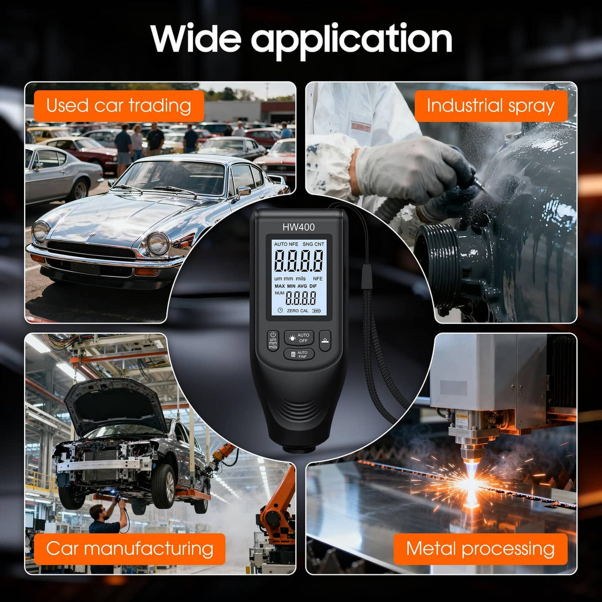 Digital coating thickness gauge shown for car use, industrial spray, and metal work.