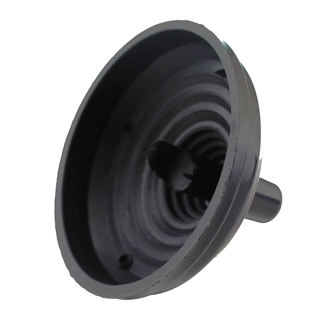 Black plastic table flag pole base, close-up of ridged circular base and socket