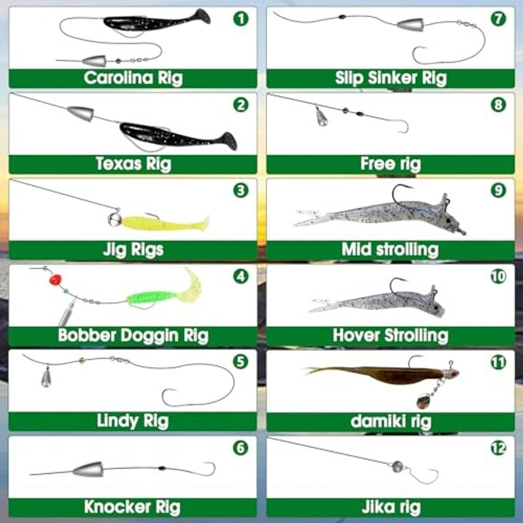 Fishing rig diagram chart showing different rig setups with lures and sinkers