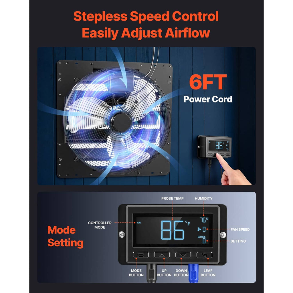 Wall-mount exhaust fan with speed controller display and adjustable settings buttons