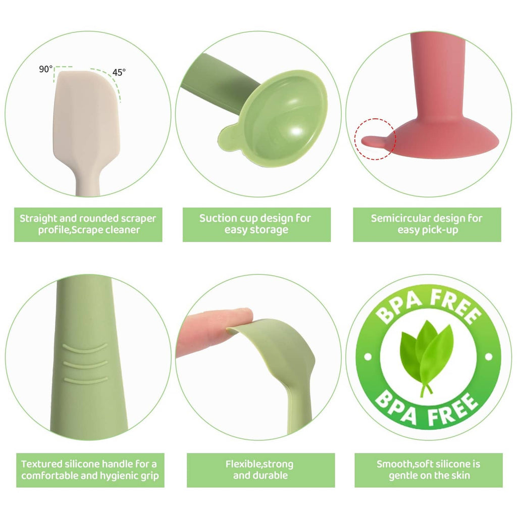 Silicone diaper spatulas with suction base, textured handle, and rounded scraper