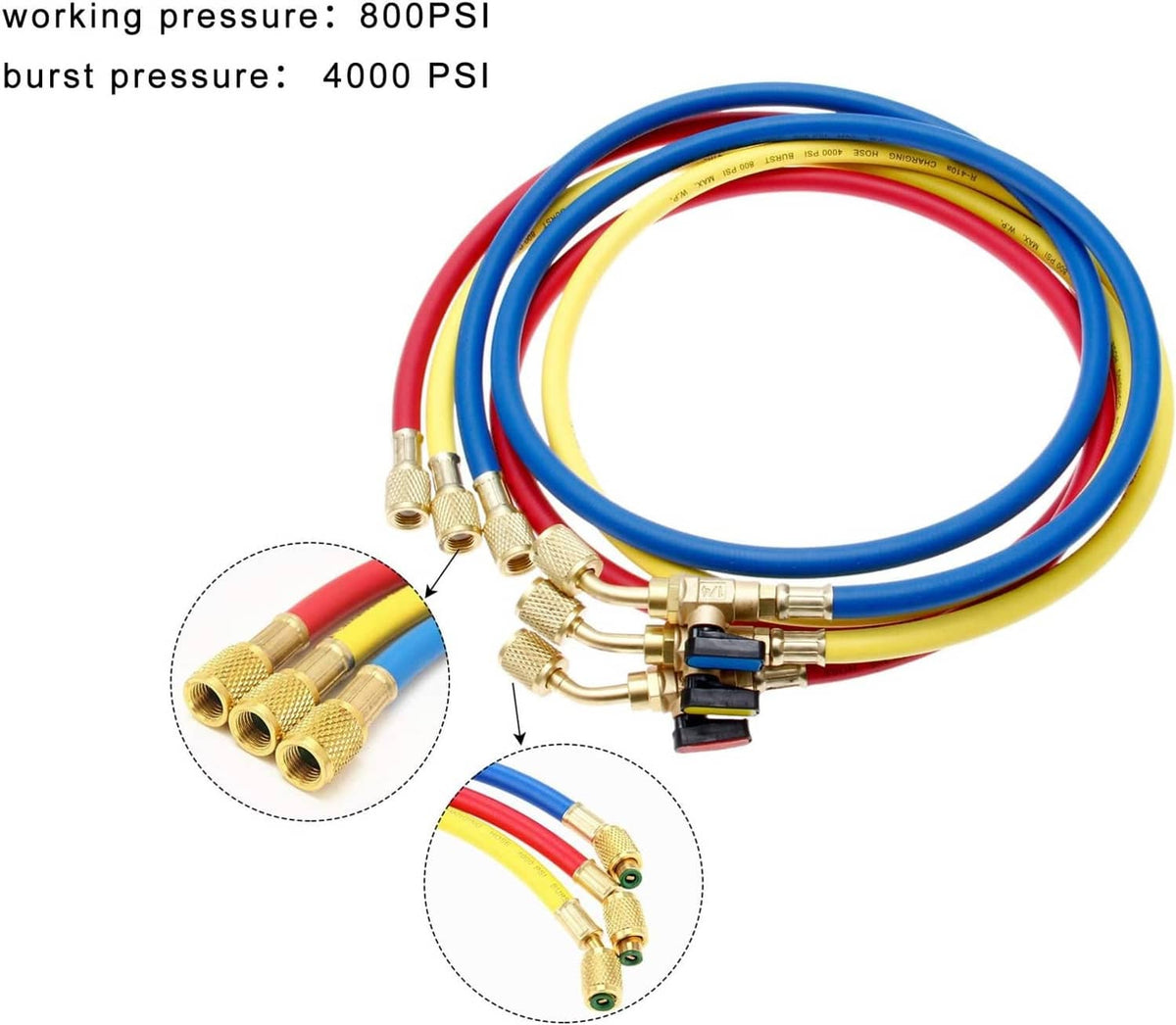 Refrigerant charging hose with brass ball valves; blue, yellow, and red tubes