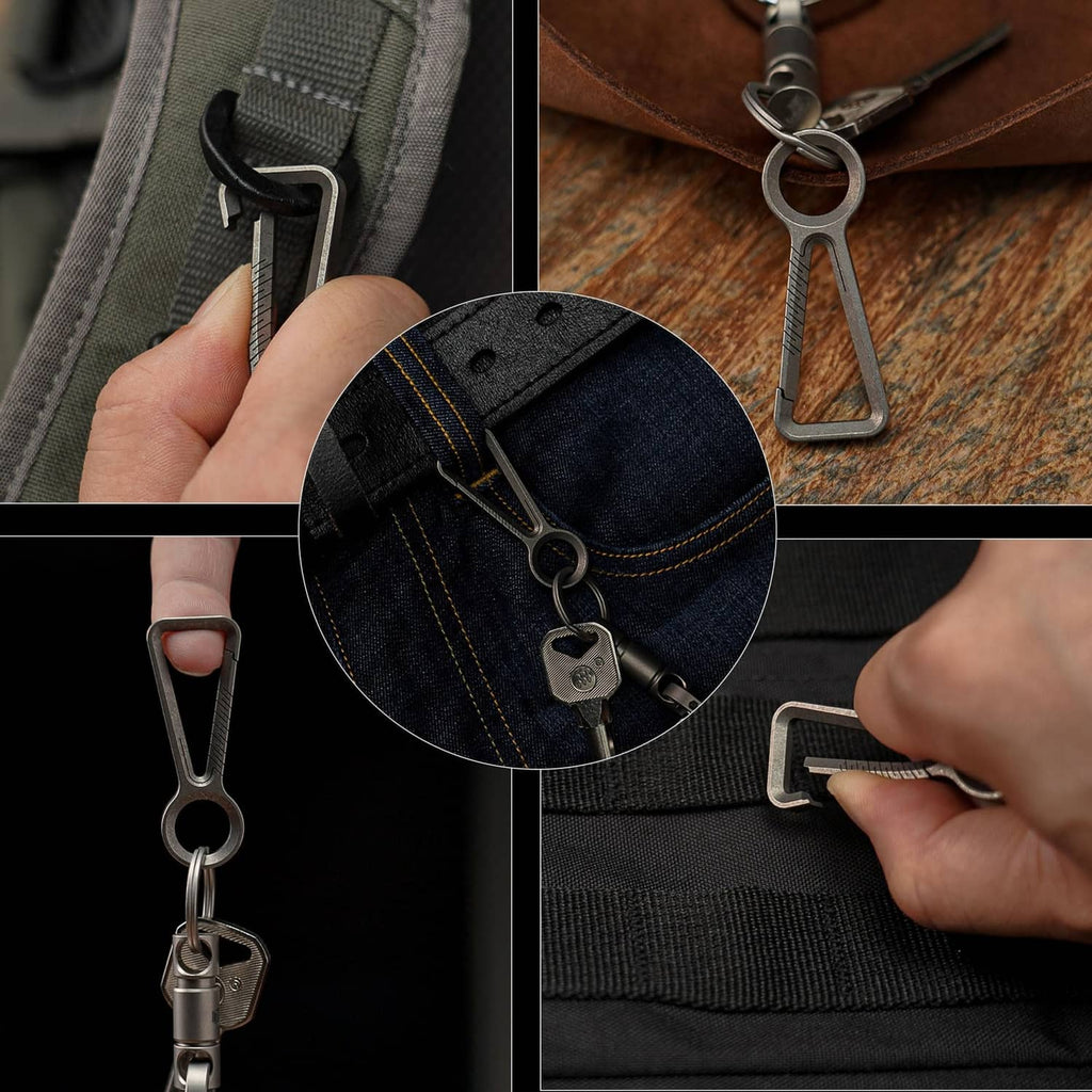 Titanium keychain clip attached to backpack strap with key ring and lock