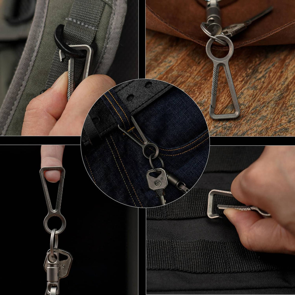 Titanium keychain clip attached to backpack strap with key ring and lock