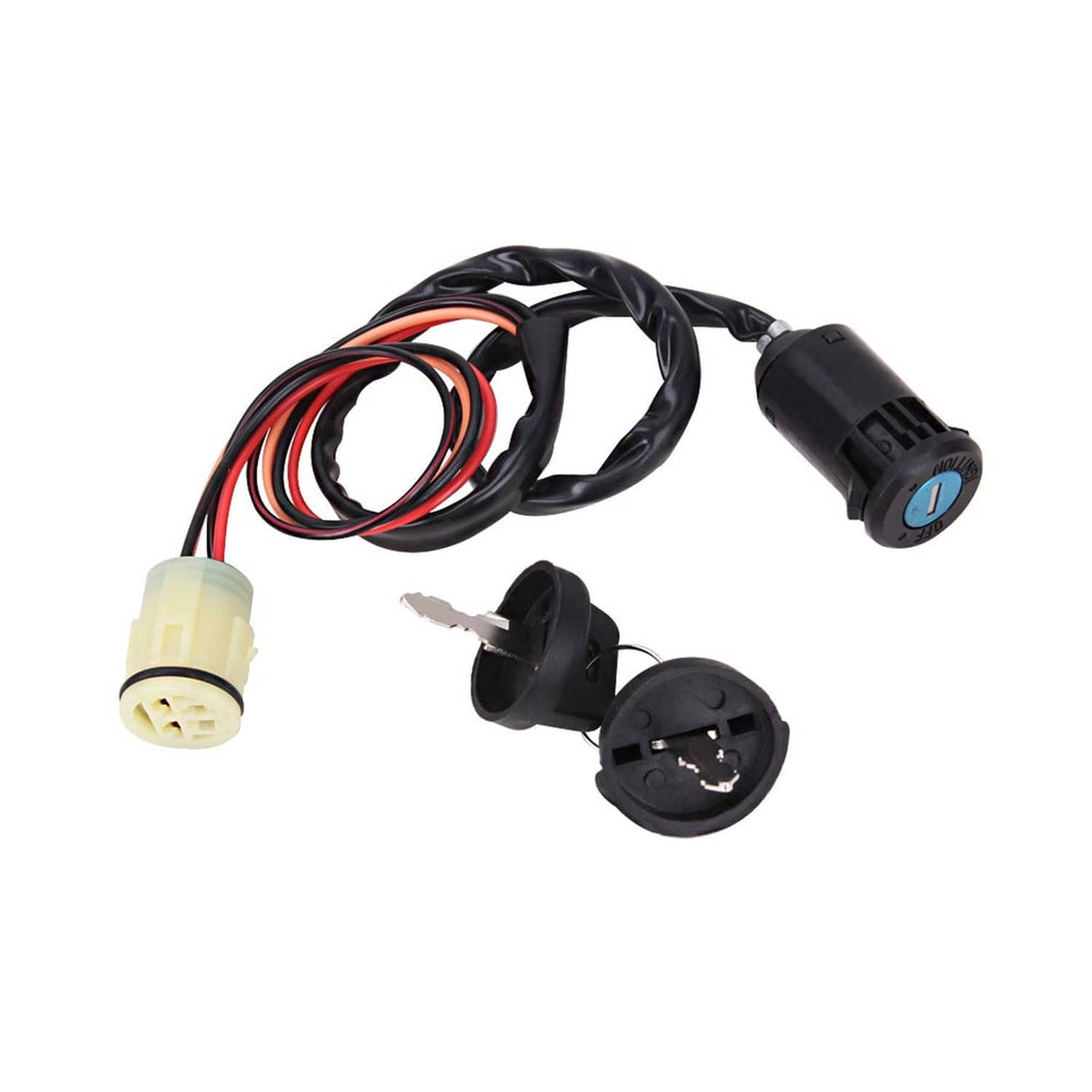 Ignition switch key assembly with key cylinder, black wires, blue indicator, and two connectors