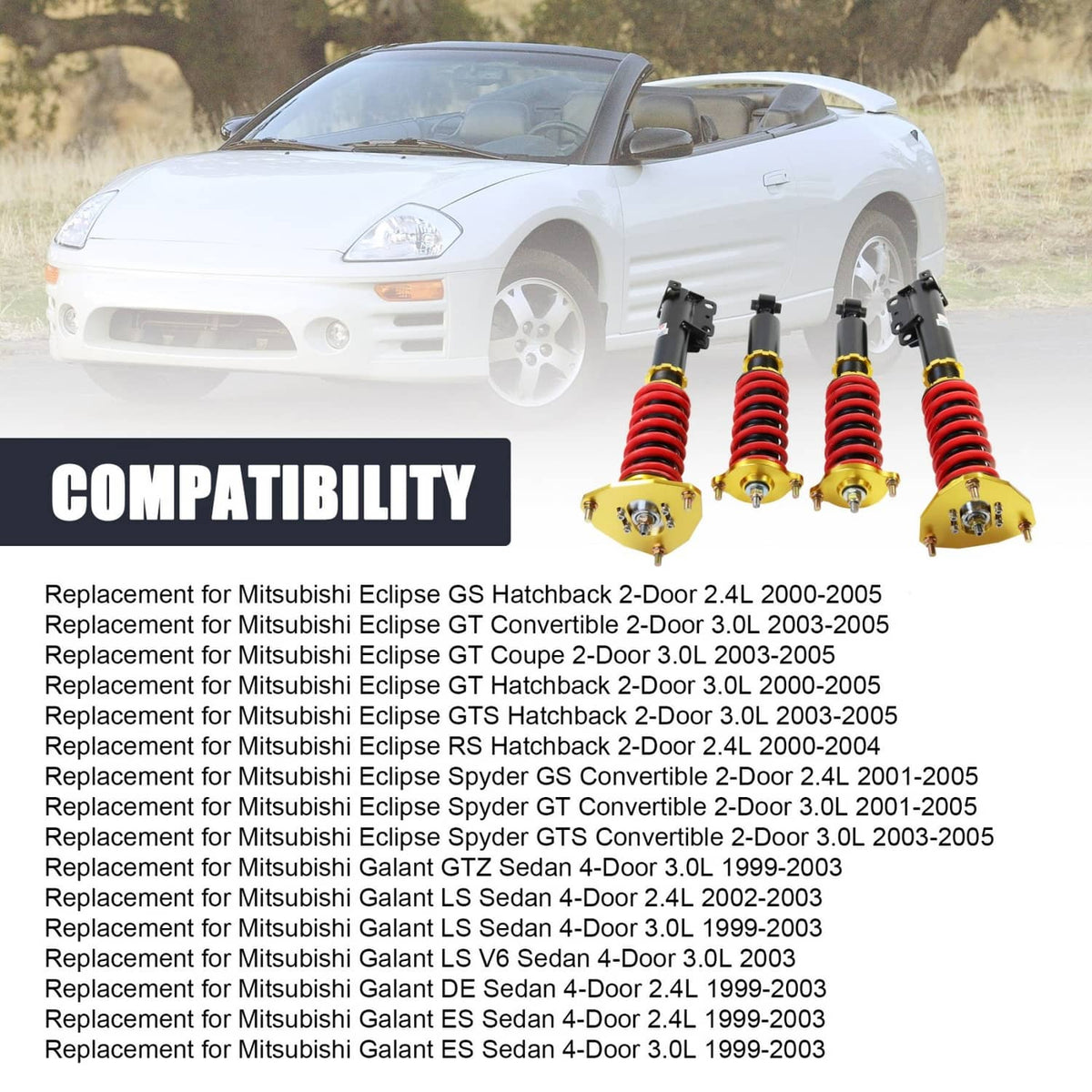 Coilover suspension kit with four black shocks, red springs, and gold upper mounts