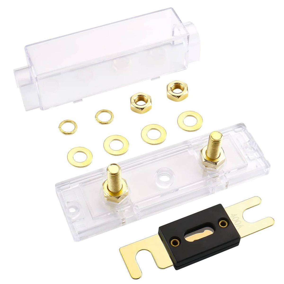 ANL fuse holder kit with clear cover, gold terminals, washers, nuts, and base bracket