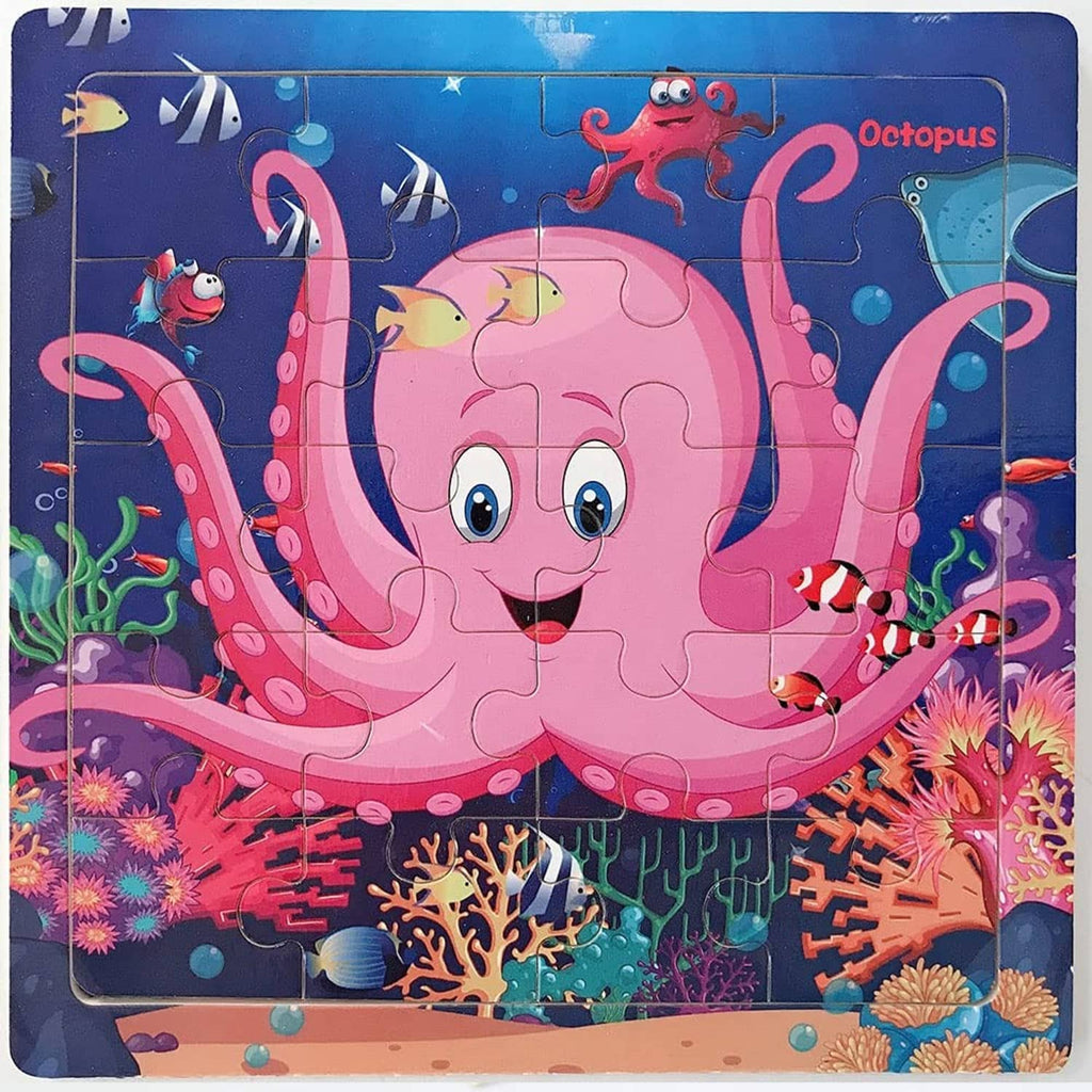 Completed octopus jigsaw puzzle with pink octopus, coral, and ocean animals
