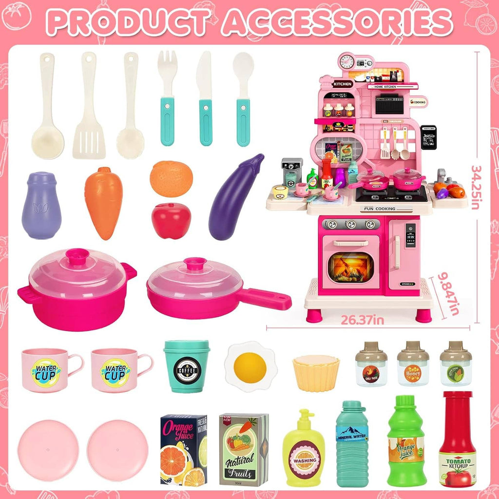 Kids kitchen playset accessory set with utensils, pots, pans, food, and drink toy items
