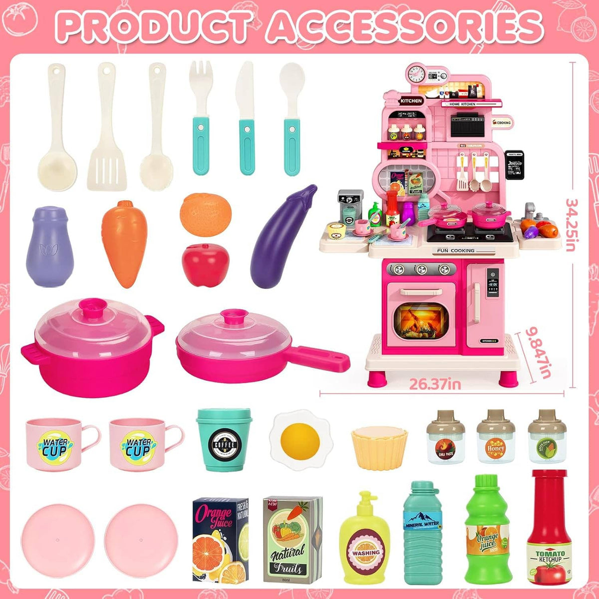 Kids kitchen playset accessory set with utensils, pots, pans, food, and drink toy items