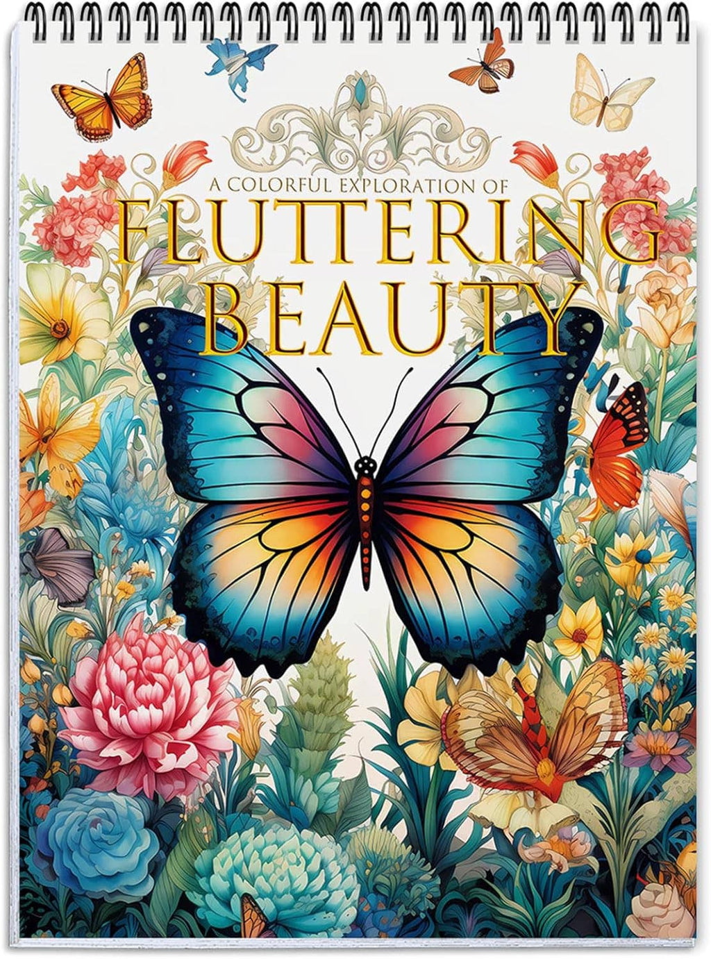Adult coloring book cover close-up with blue butterfly wings, flowers, and ornate center scrollwork