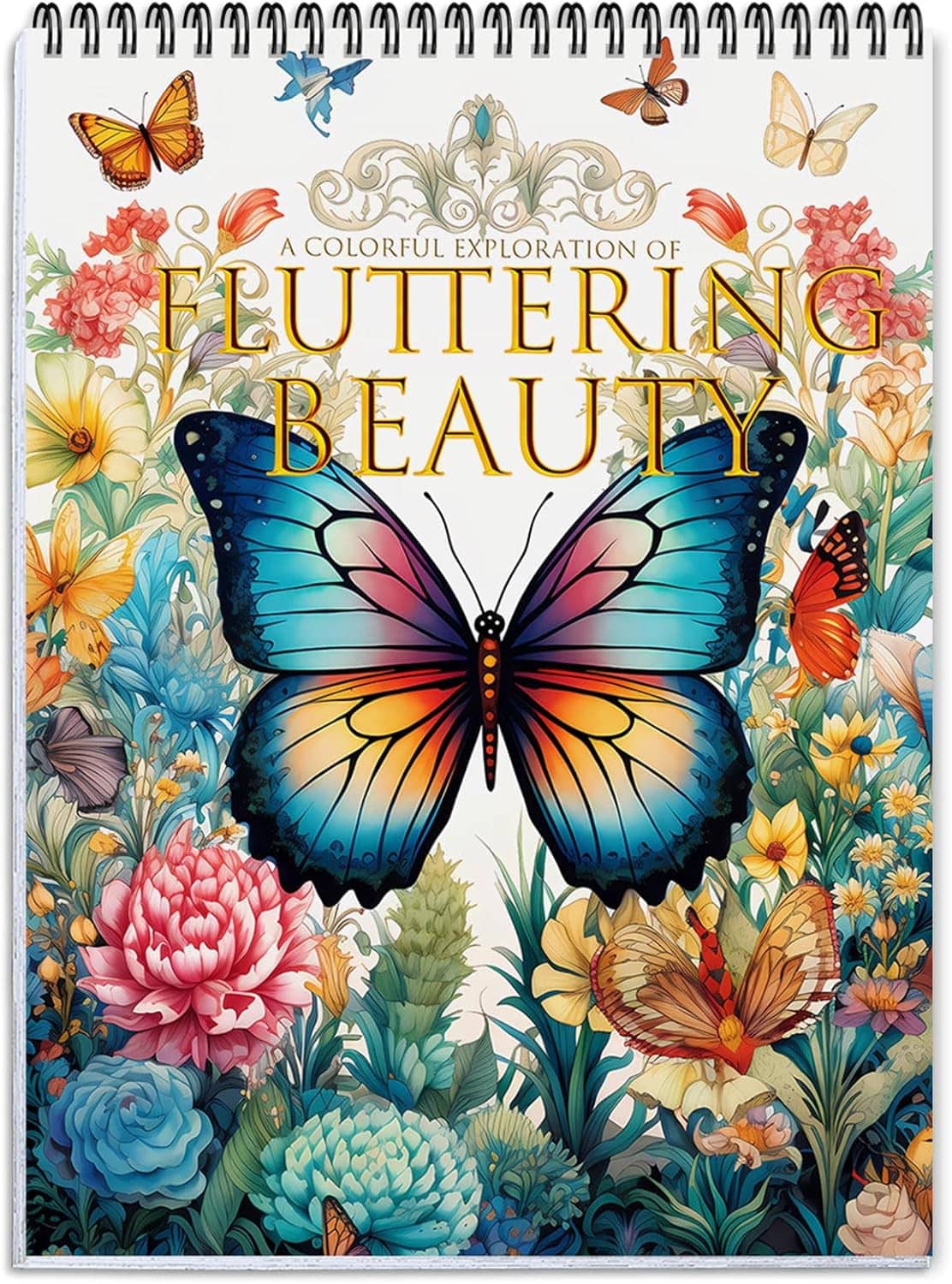Adult coloring book cover close-up with blue butterfly wings, flowers, and ornate center scrollwork