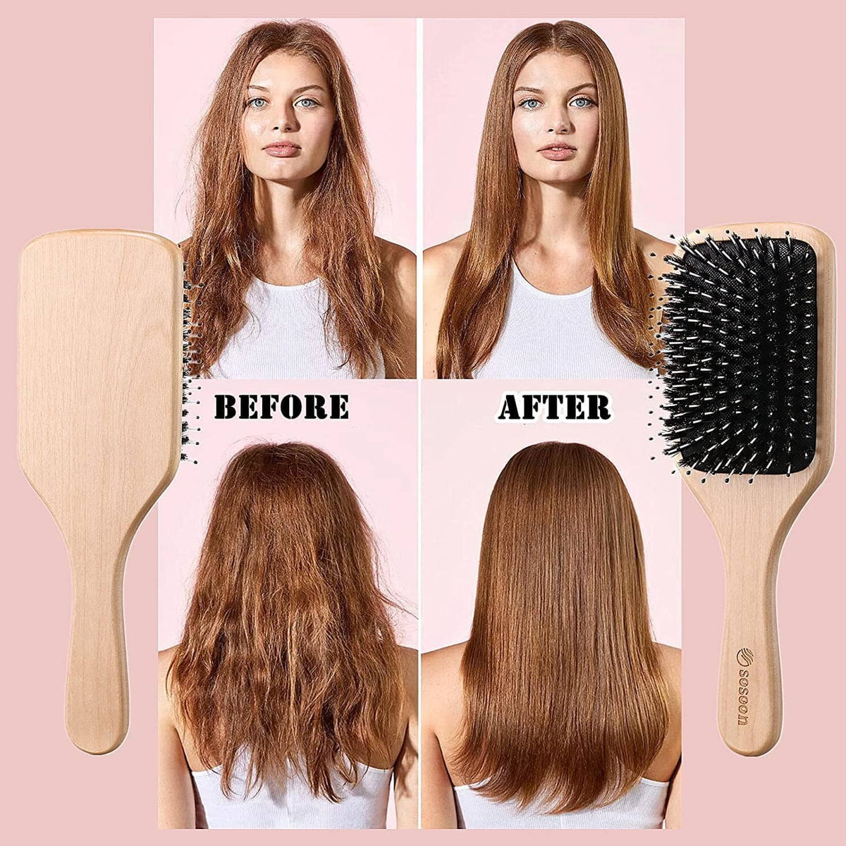 Wooden paddle hairbrush with black boar bristles