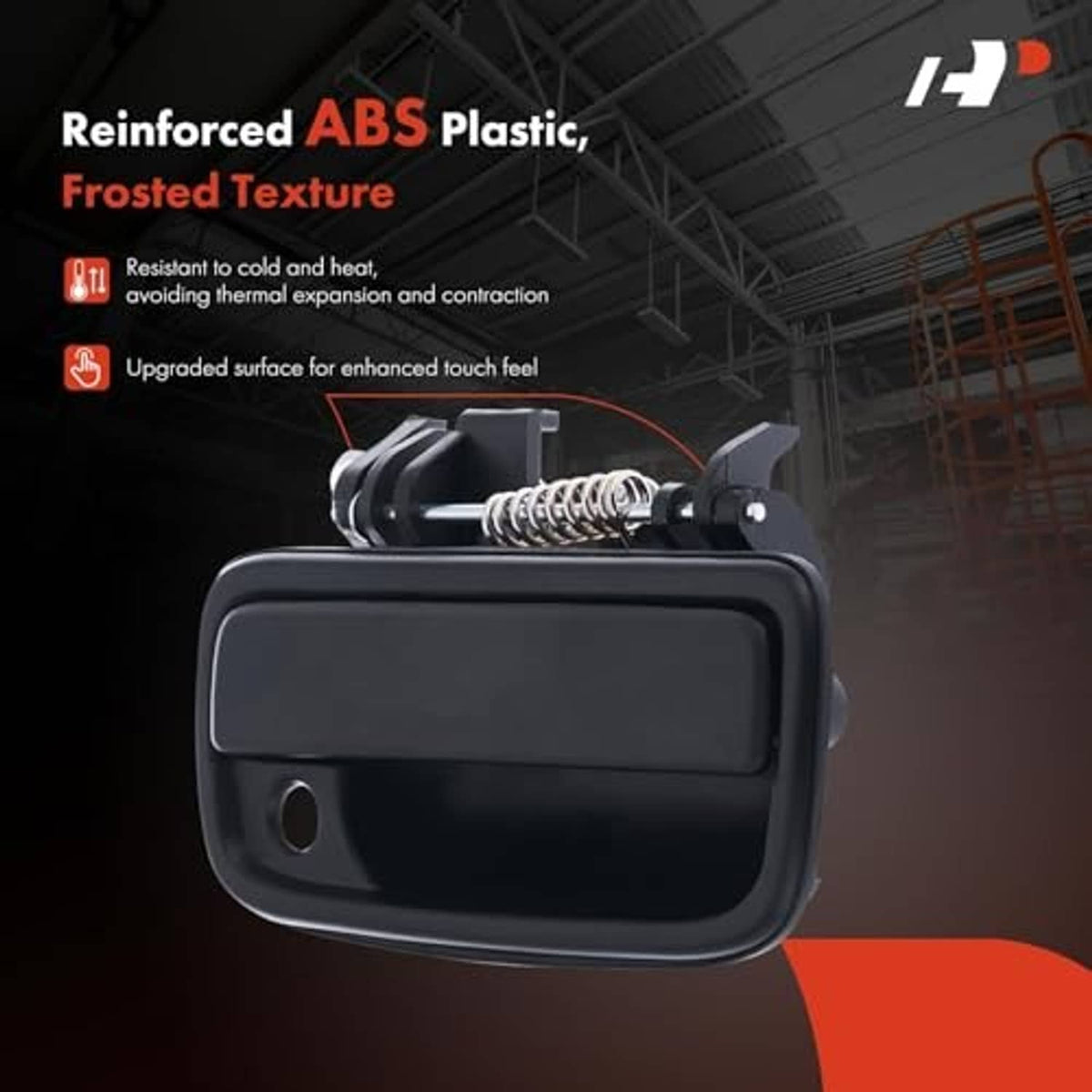 Front right exterior outside door handle with keyhole, textured black ABS plastic