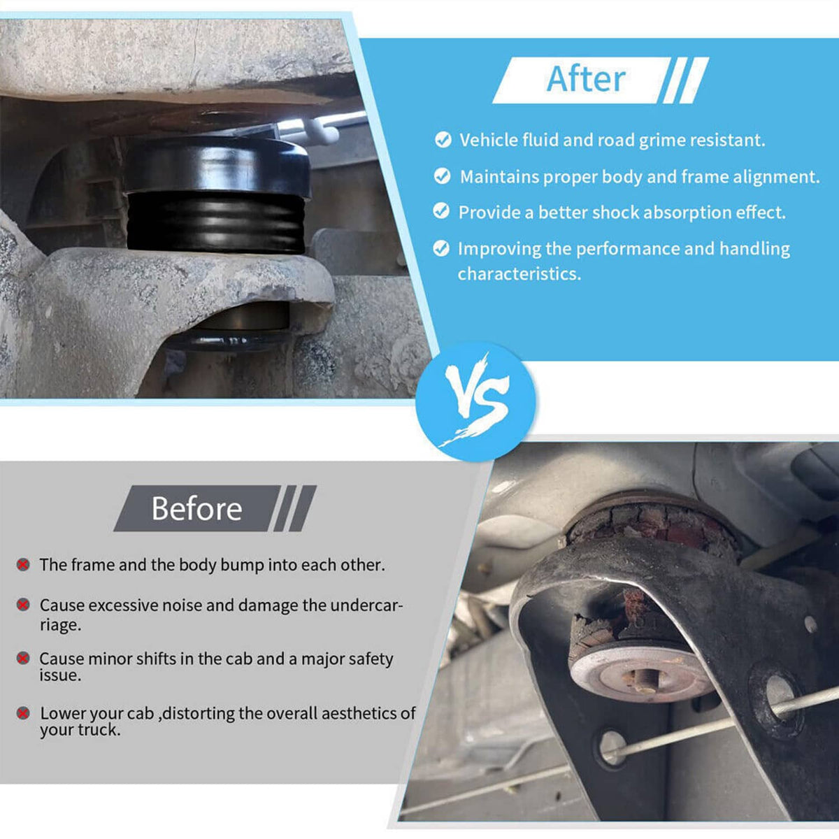 Silicone body mount bushings shown installed in vehicle frame area for smoother ride