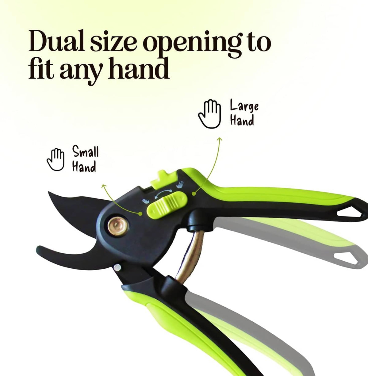 Black and neon green pruning shears with dual-size opening and lanyard