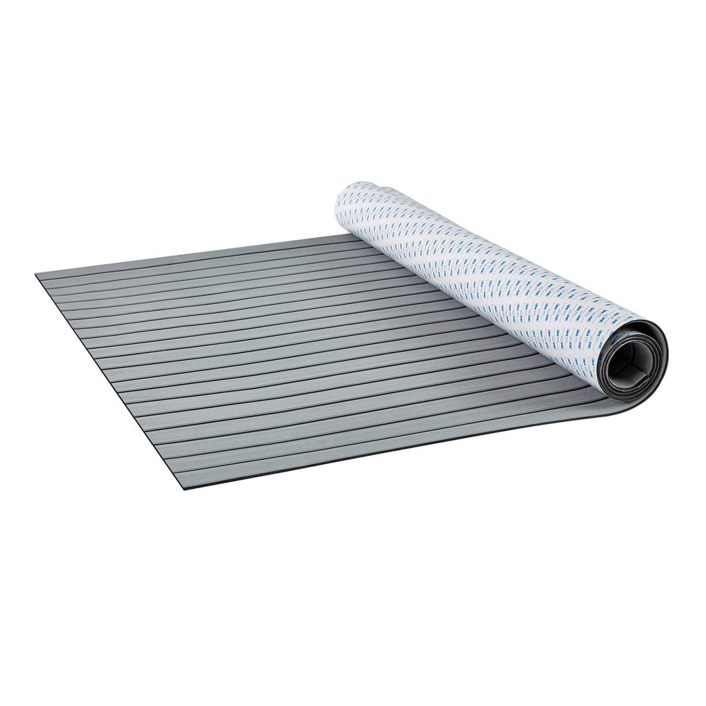 EVA foam boat decking sheet with dark gray ribbed surface and light blue roll core