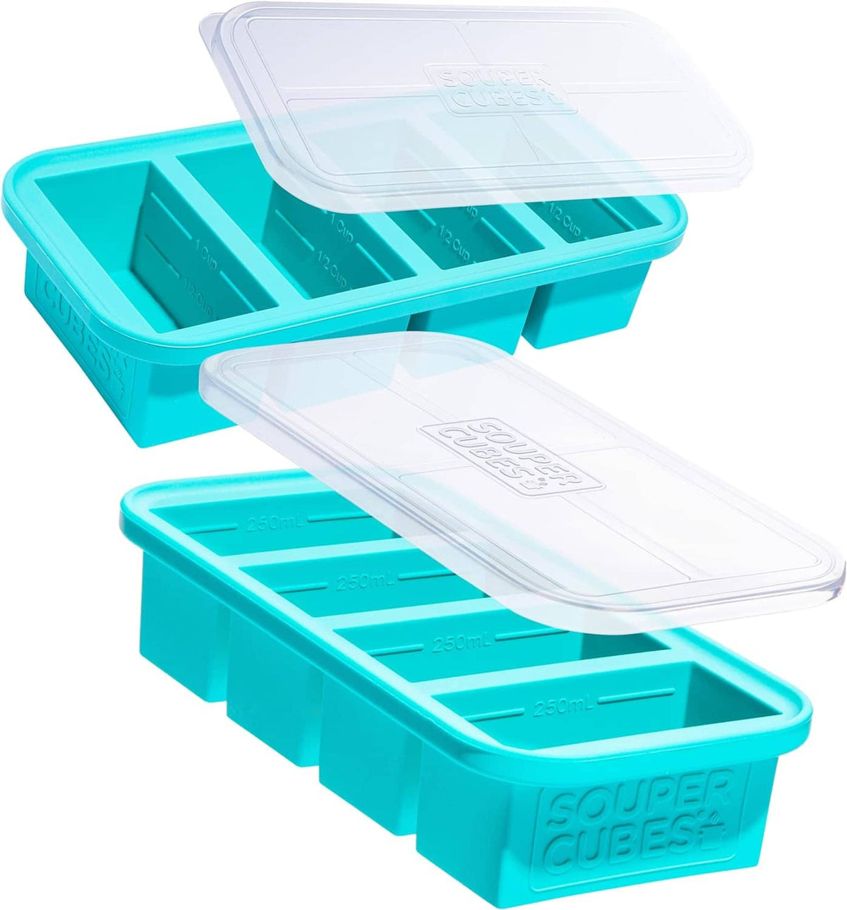 Two aqua silicone freezer trays with clear lids for 1-cup portions, freezer molds set