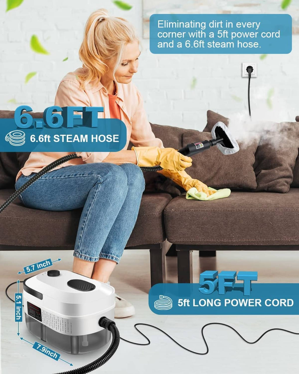 Handheld steam cleaner with long steam hose cleaning a sofa cushion upholstery.
