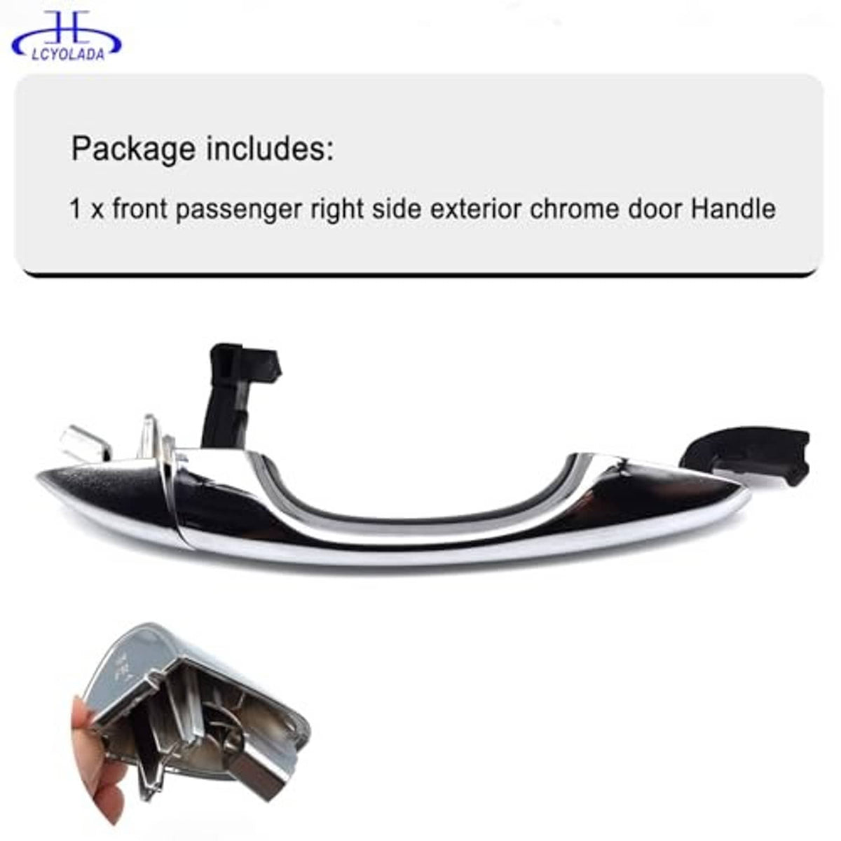 Chrome front passenger exterior door handle kit with black clips and cover