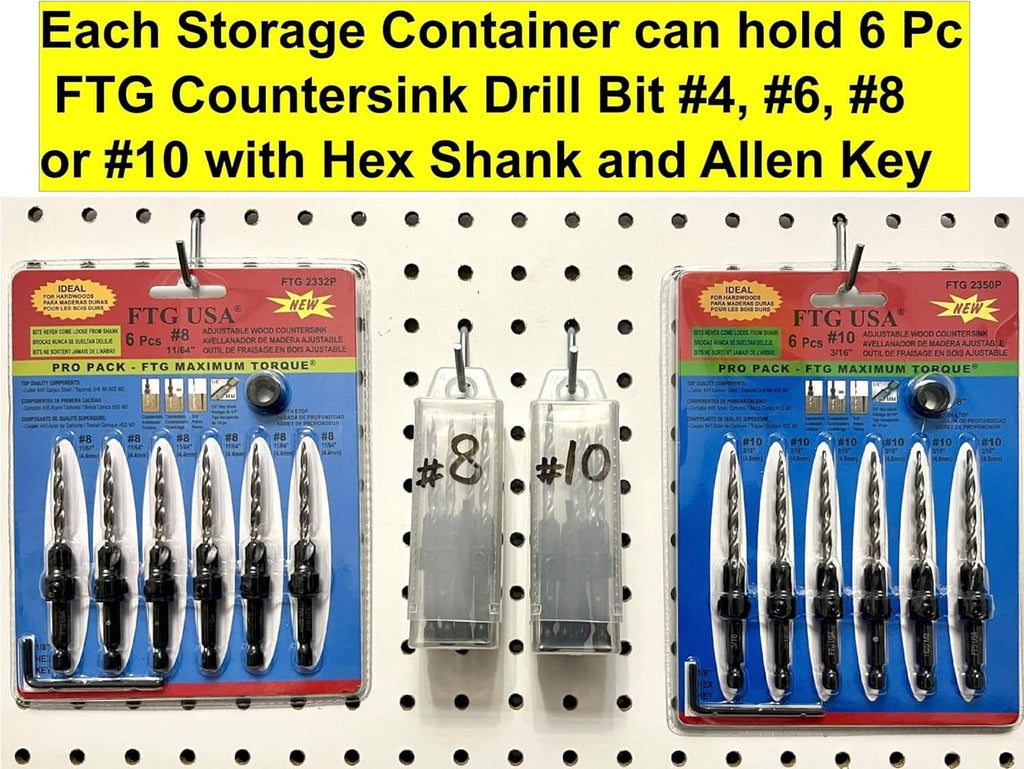 Extendable storage containers holding countersink drill bits in labeled packs