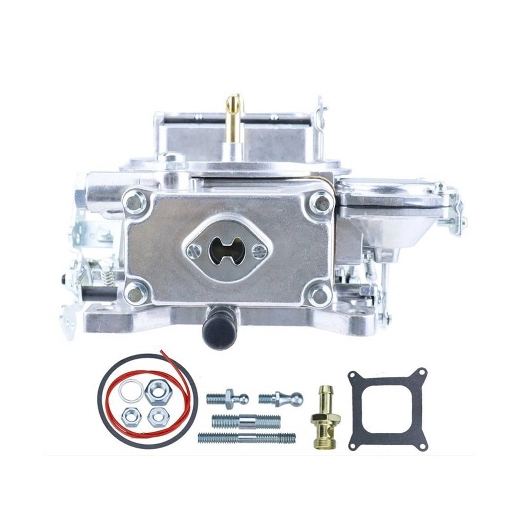 Silver 4-barrel carburetor, front view with choke port and included gasket and fittings