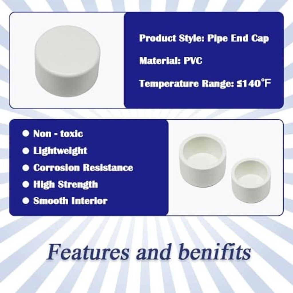 White PVC pipe end caps set, smooth interior sockets shown on two caps