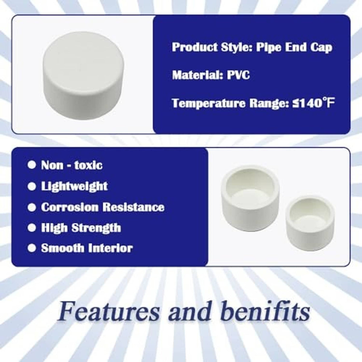 White PVC pipe end caps set, smooth interior sockets shown on two caps