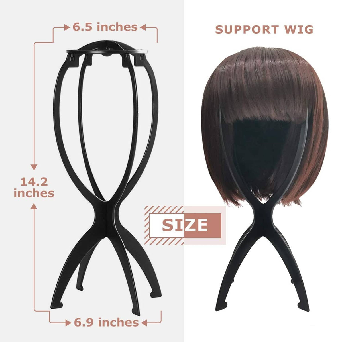 Black wig head stand holding a short dark wig; hourglass base with three feet