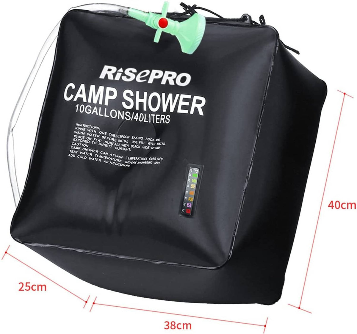 Black 40L camp shower bag with green shower head, thermometer window, and hose