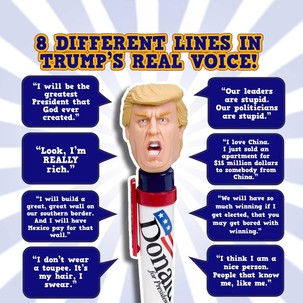 Talking novelty pen upright with blond caricature head, red ring, blue body