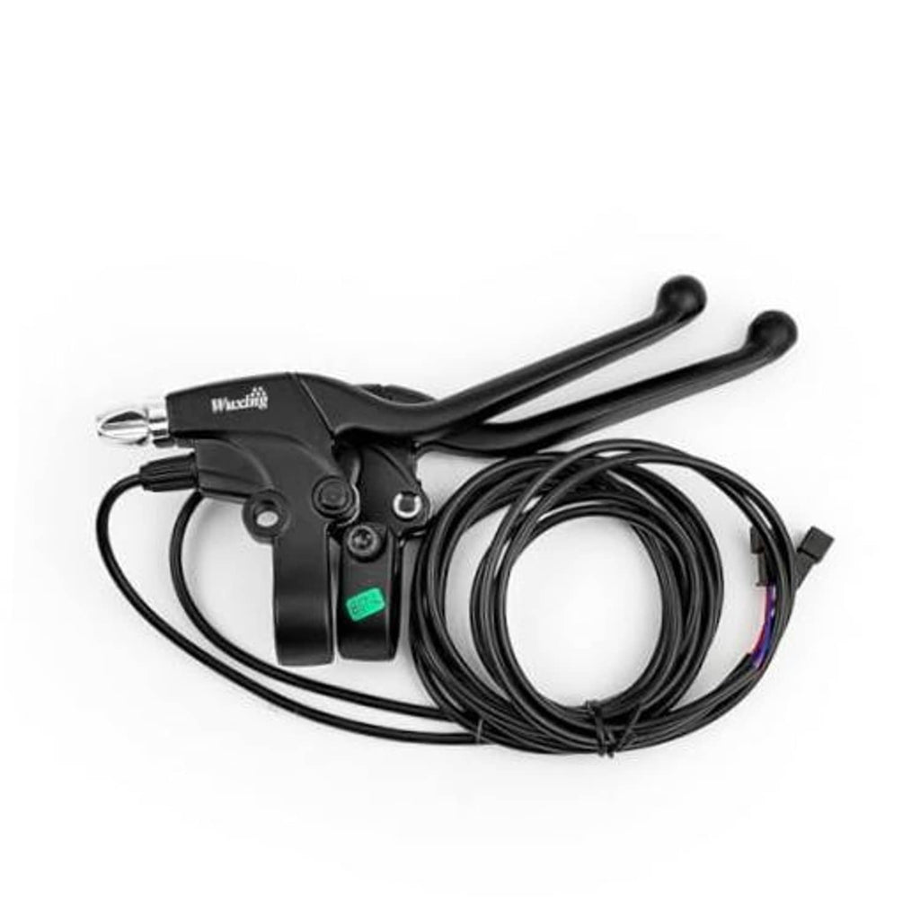 Black e-bike brake lever grip with cable bundle and rearview mirror jack