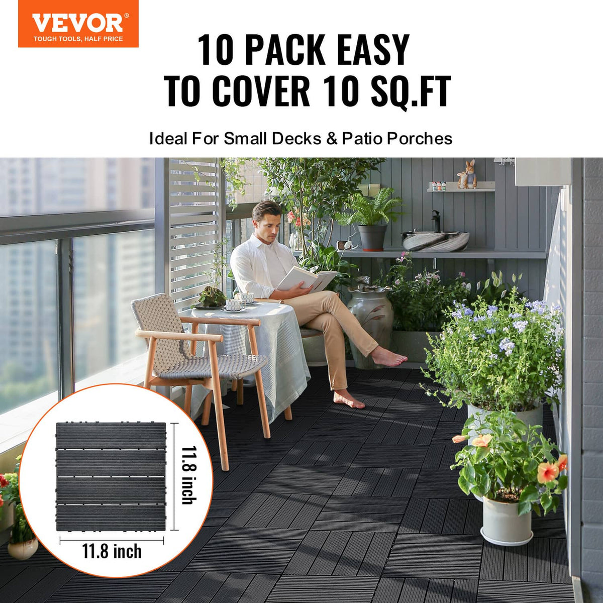 Dark grey interlocking deck tile set, ridged surface squares with connector tabs