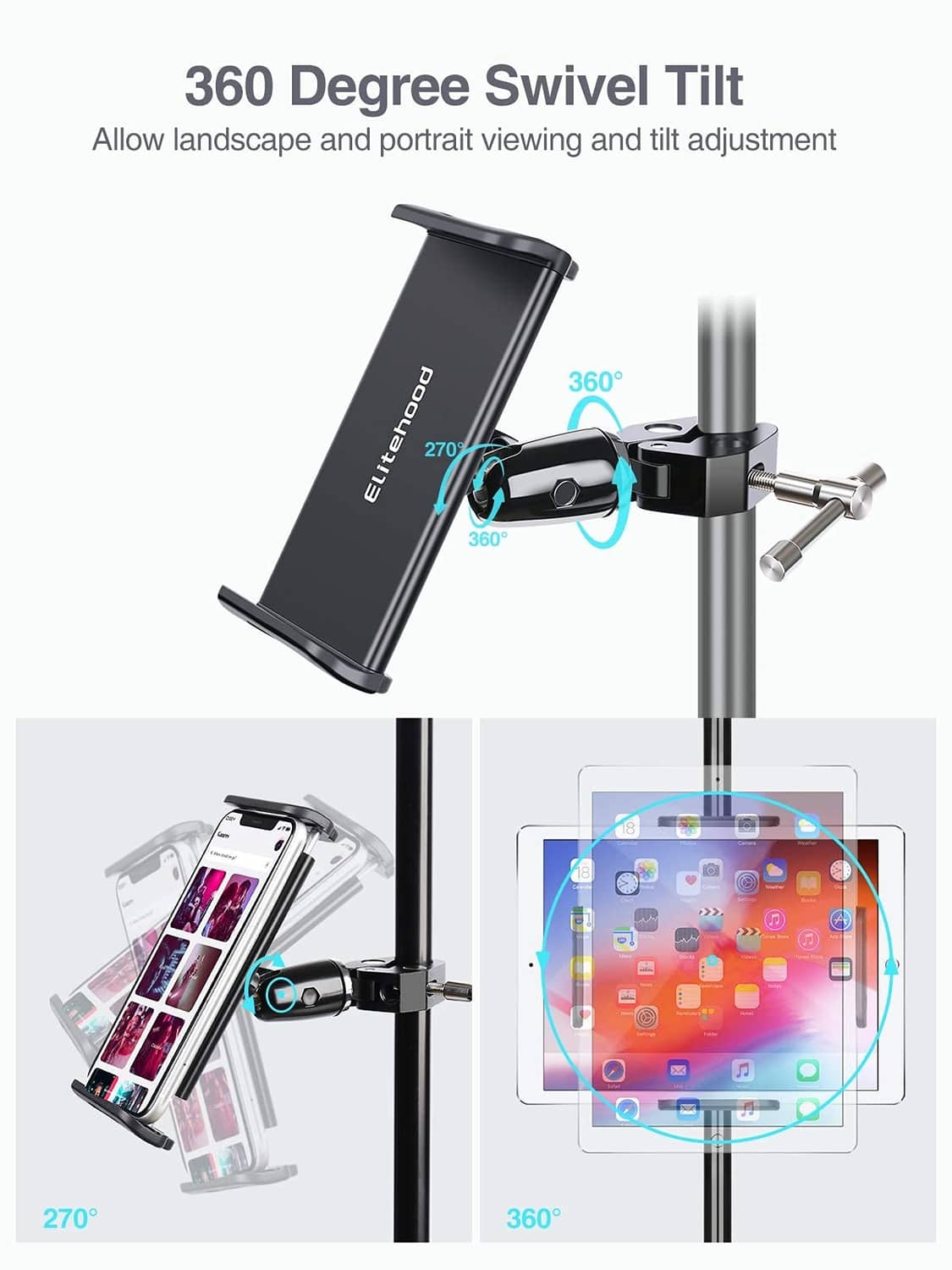 360-degree swivel metal tablet holder on mic stand with adjustable tilt