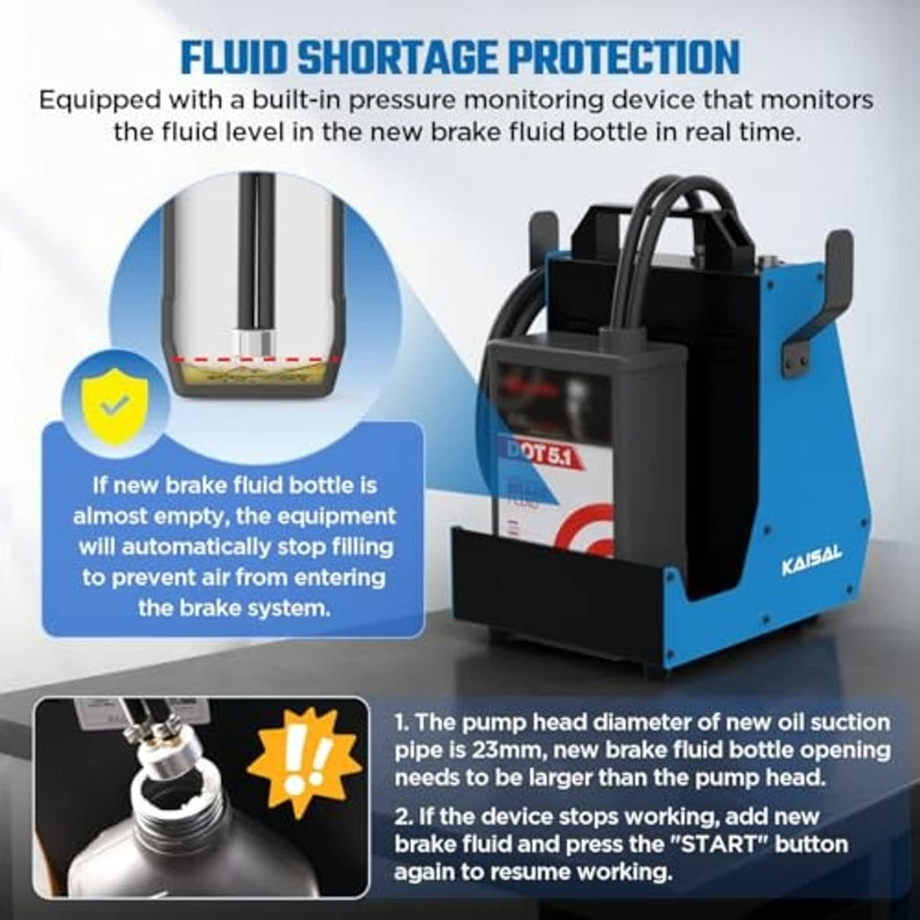 Electric brake fluid bleeder base unit with connected fluid bottle and monitoring label