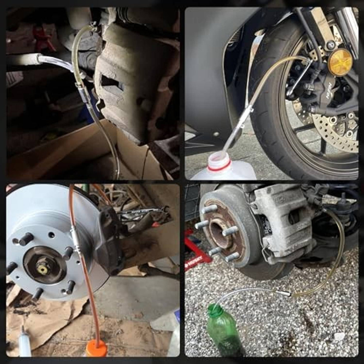 Brake bleeder hose kit installed on brake system, clear tubing routed to fluid container