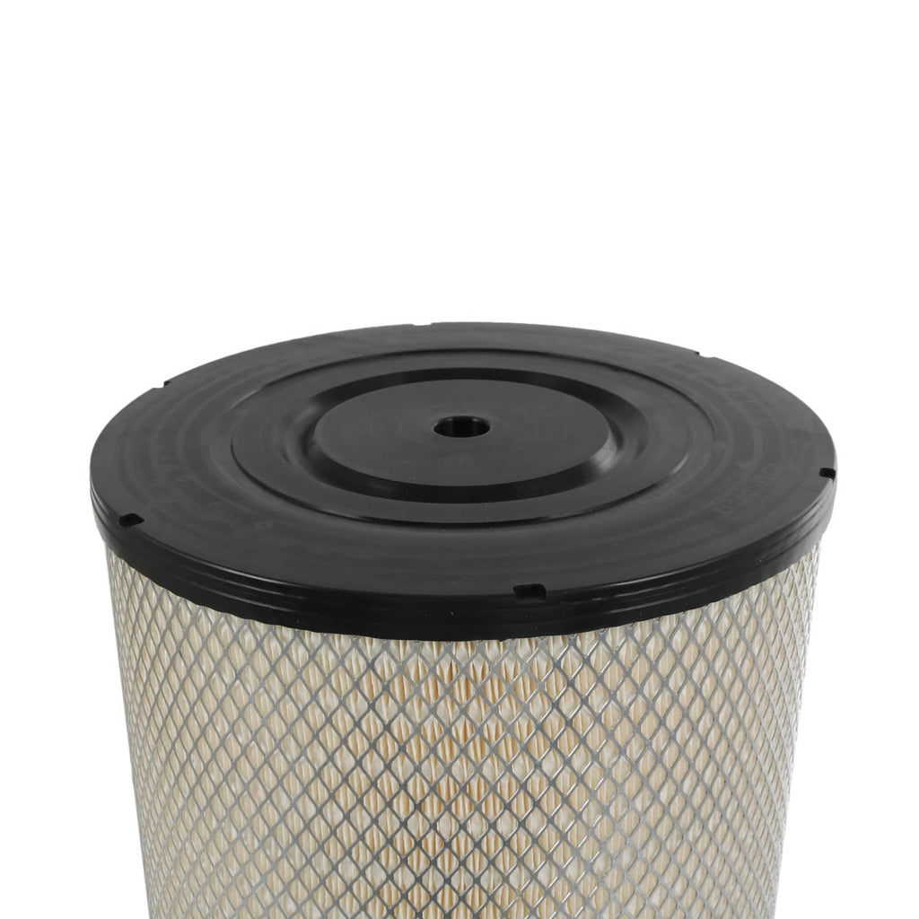 Top view of cylindrical engine air filter with pleated beige media and black housing