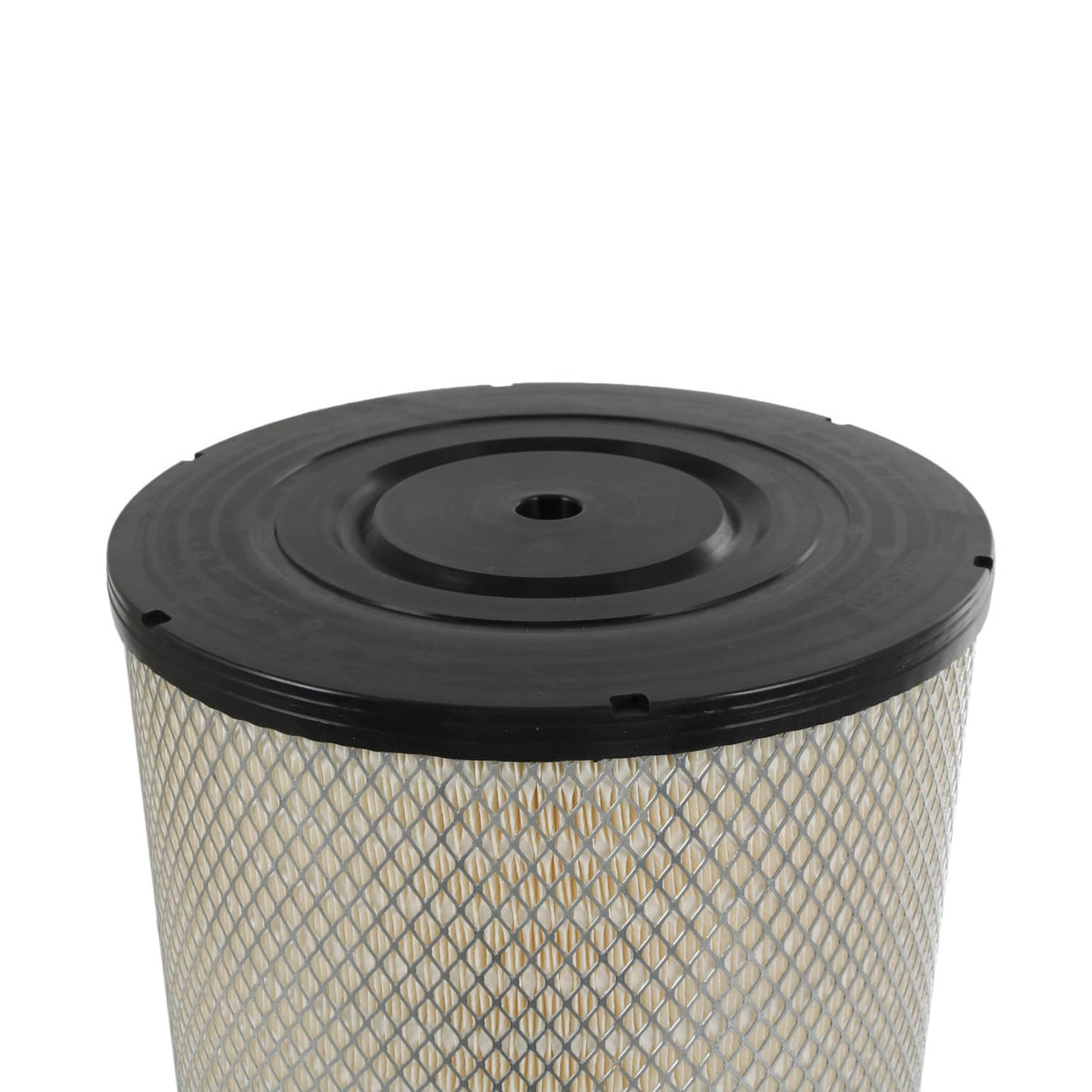 Top view of cylindrical engine air filter with pleated beige media and black housing